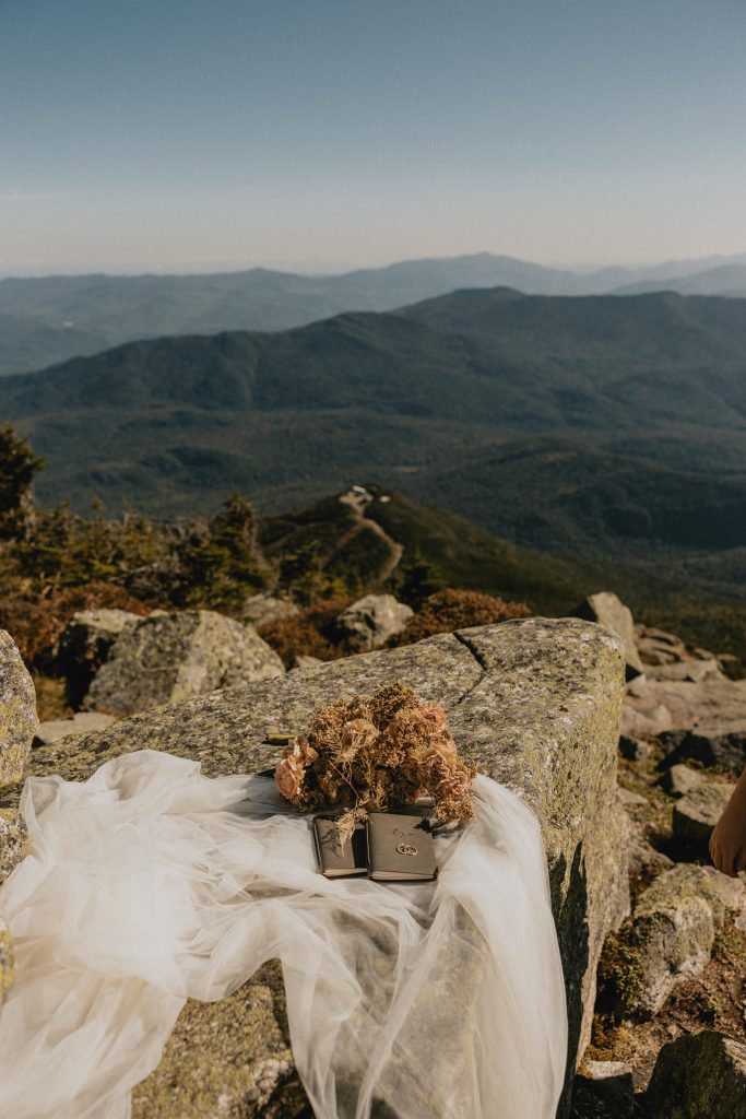 Photo of vow books resting on a rock on top of the Adirondack mountains in upstate new york 